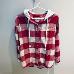 American Eagle Hooded Flannel Shirt Button Up Plaid Red White Small